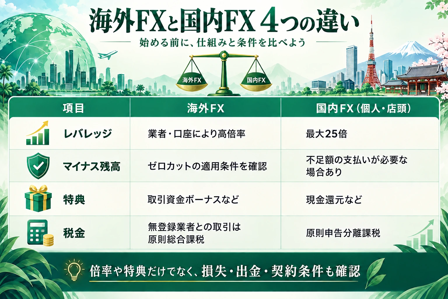 海外FXと国内FXの違い。レバレッジ、マイナス残高の扱い、特典、税金の4項目を比較。
