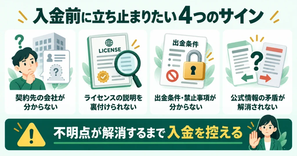 契約先と出金条件を確認し、不明点が残る場合は入金を控える